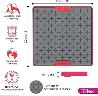 Lickimat Tuff, Heavy-Duty Buddy, Dog Slow Feeder Lick Mat, Boredom Anxiety Reducer; Perfect for Food, Treats, Yogurt, or Peanut Butter, Fun Alternative to a Slow Feed Dog Bowl, Red