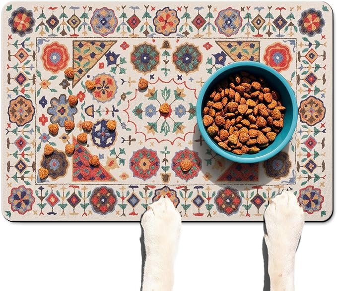 Moroccan Trellis Dog Food & Water Mat, Boho Colorful Vintage Pet Feeding Mat for Floor Non-Slip Waterproof, Super Absorbent Cat Bowl Mat, Easy to Clean Durable Pet Placemat,16" × 24"