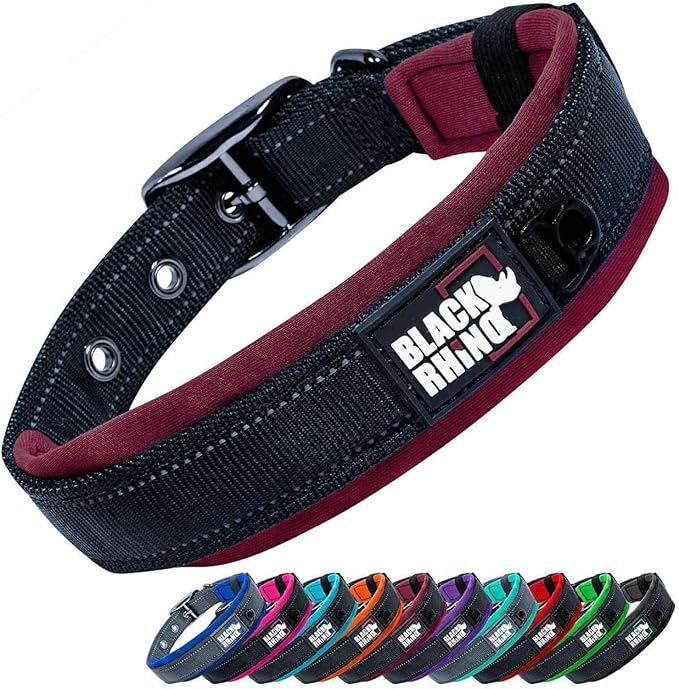 Black Rhino Dog Collars for Medium Dogs - Adjustable Reflective Heavy Duty Dog Collar with Ultra-Soft Neoprene Padding - Weatherproof, Durable, and Comfortable for Active Dogs - Burgundy and Black