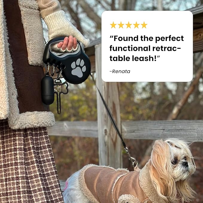 Award-Winning Retractable Dog Leash for Small and Medium Dogs (Max 55 lbs), Clip & Go System with Reflective Tape and Ergonomic Handle, Includes Clips, Poop Bag Holder and Dispenser, Black