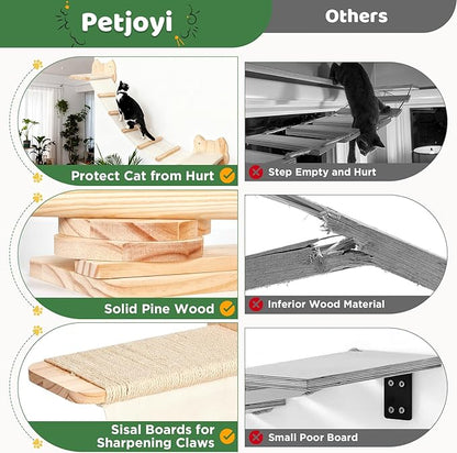 Cat Wall Shelves and Hammock Set, Cat Bridge Wall-Mounted with Climbing Steps and Sisal Roped Scratch Perch, Multi-Level Cats Walls Furniture Bed for Indoor Cats
