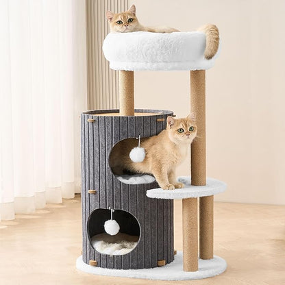 Modern Cat Tree for Indoor Cats Large Adult, 36in H Cat Tree Tower with Scratching Posts, Cozy Cat Bed Cave, Washable Cushions, Dangling Balls, Play&Nap Cat House Condo for All Breeds, Gray
