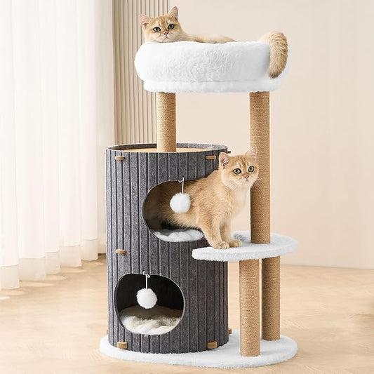 Modern Cat Tree for Indoor Cats Large Adult, 36in H Cat Tree Tower with Scratching Posts, Cozy Cat Bed Cave, Washable Cushions, Dangling Balls, Play&Nap Cat House Condo for All Breeds, Gray
