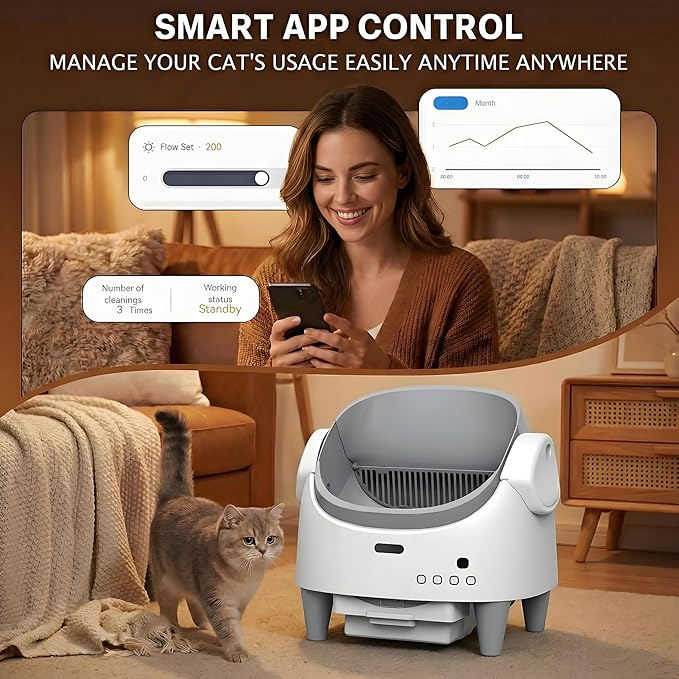 Automatic Cat Litter Box, Self-Cleaning Litter Box with Open-Top Design, 15-Layer Safety Protection System & Smart App Control, Electric Cat Litter Box with Adjustable Entry Height & Odor Control