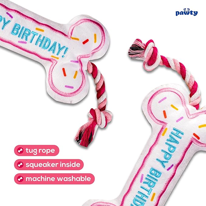 PAWTY Birthday Bone Dog Toy - Funny Interactive Tug Rope Squeaky Dog Birthday Gift - Plush Pink Bone Toy for Small Medium Dogs - Dog Birthday Party Supplies