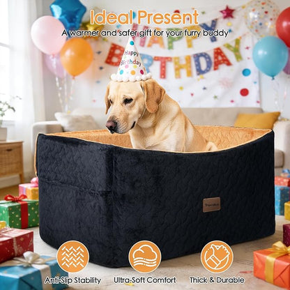 Dog Car Seat for Large Medium Dogs up to 60 lbs – Elevated Dog Booster Seat for Cars with Extra-Safe 14in High Front, Memory Foam Cushion, Washable Cover, Backseat Pet Car Bed (Brown/Black)