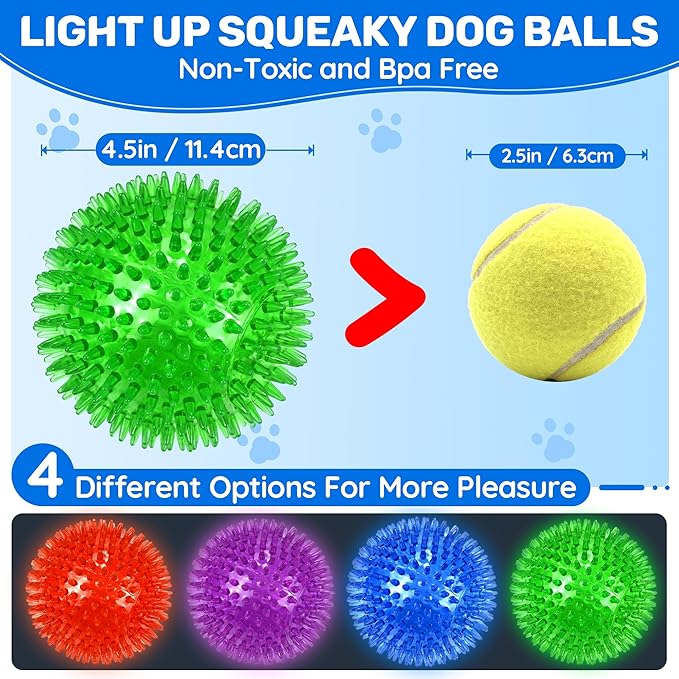 4 Pack 4.5" Light Up Squeaky Dog Balls, Spiky Dog Toy Balls for Medium Large Dogs
