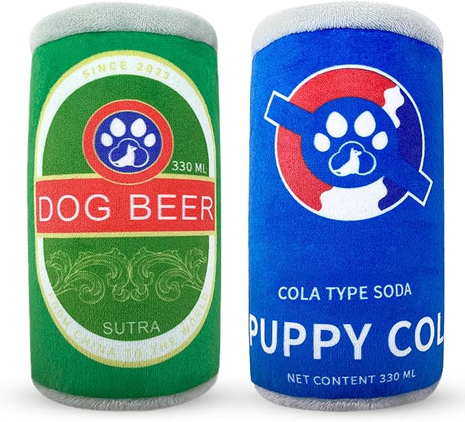 Squeaky Plush Dog Toys 2 Pack - Funny Beer Puppy Toys with Squeaker for Small Medium Large Dogs, Soft Stuffed Chew Toys for Birthday Gifts(Green&Blue)