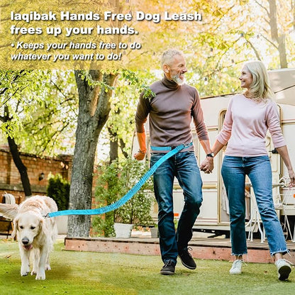 Hands Free Dog Leash, Adjustable Waist Leash for Dog Walking, Dual Handle Bungee Dog 4.2-6.7 Feet Long with Reflective Stitches for Walking Hiking Running, Fits 26"- 43" Inch Waist, Blue