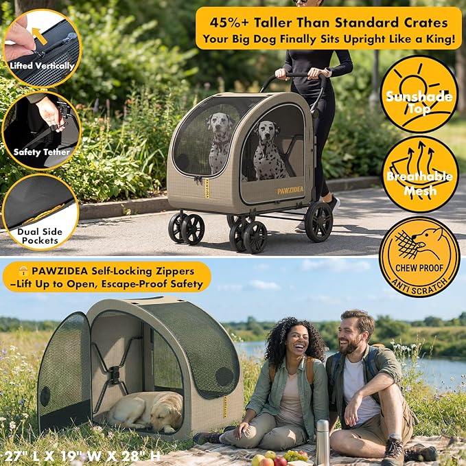 PAWZIDEA 3-in-1 Large Dog Stroller with Detachable Carrier up 100lbs, Foldable Dog Crate for Car Travel, All-Terrain Pet Stroller for 2 Medium Dogs, Jogger Wheels, Adjustable Handle, Stroage Organizer