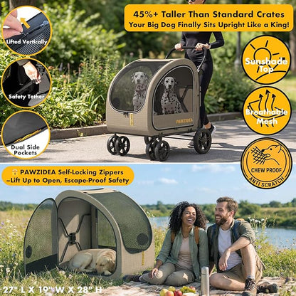 PAWZIDEA 3-in-1 Large Dog Stroller with Detachable Carrier up 100lbs, Foldable Dog Crate for Car Travel, All-Terrain Pet Stroller for 2 Medium Dogs, Jogger Wheels, Adjustable Handle, Stroage Organizer