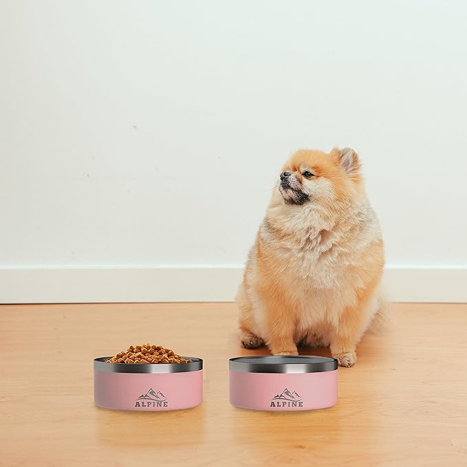 Alpine Set of 2 Stainless Steel Dog Bowls, Non Slip, Metal Pet Bowl for Food and Water, Double Walled Insulated, Rustproof, Dishwasher Safe- 32 Ounces- Pink (AB)