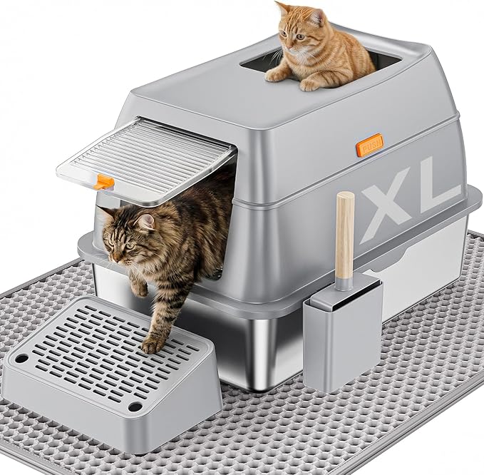 Stainless Steel Cat Litter Box with Scoop, Metal Litter Box High Sided, Cat Litter Box Enclosure, XL Extra Large High-Sided Litter Boxs (Anti-Urine Leakage, Include Scoop) (Grey)