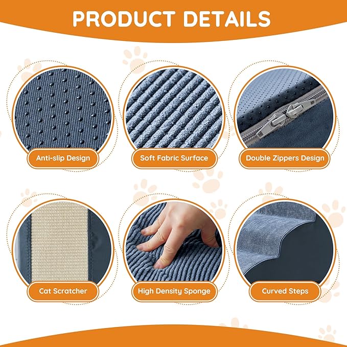 Dogs Steps for Bed, Dog Stairs for Small Dogs, 2-Step Dog Ramp for Bed, Couch, Sofa, and Chairs, Non-Slip Bottom Design, Cat Scratching, High Density Foam Portable Pet Step, Indoor, Navy