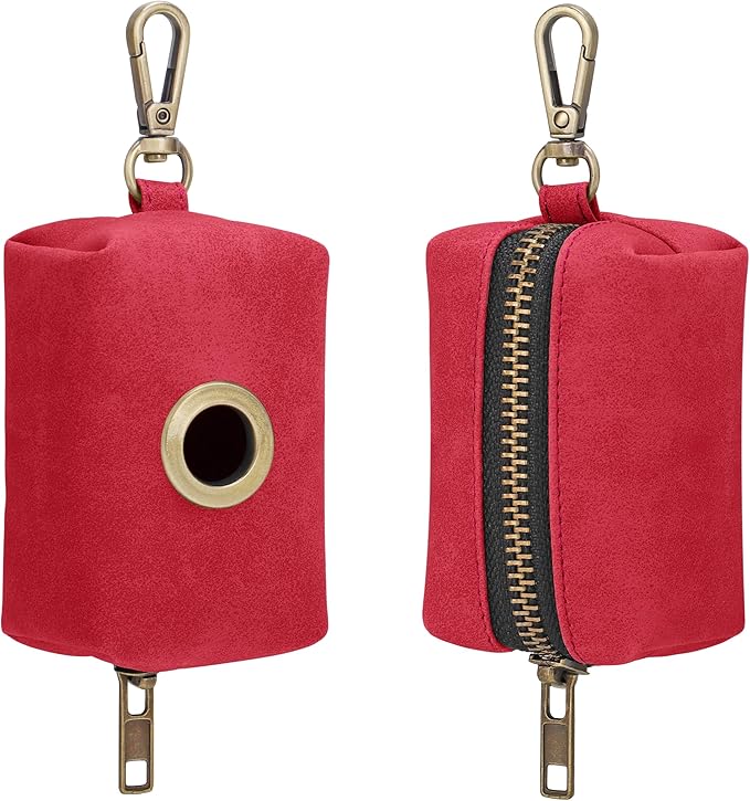 Didog Classic Dog Poop Bag Holder, Easy-Pull and Elegant PU Leather Pet Waste Bag Dispenser for Leash with Carabiner Clip, Includes 1 Roll Dog Waste Bag for Daily Walking,Red