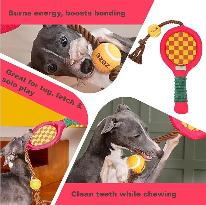 Durable Dog Rope Toy, Tennis Rack & Ball, Teeth Cleaning & Tug-of-War & Crinkle Paper for Aggressive Chewers, Burning Off Energy & Relieving Anxiety