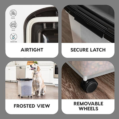 IRIS USA 25 Lbs / 32.5 Qt WeatherPro Airtight Pet Food Storage Container with Removable Casters, for Dog Cat Bird and Other Pet Food Storage Bin, Keep Fresh, Translucent Body, Pearl/Black