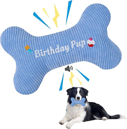 2026 Birthday Squeaky Dog Toys, Embroidered Bone Shape Blue Corduroy Pet Pillow 8"x5",Plush Soft Cotton Filled Cute Fun Dog Chew Puzzle Toy Birthday Gifts for Small Medium Dogs(Birthday Pup)
