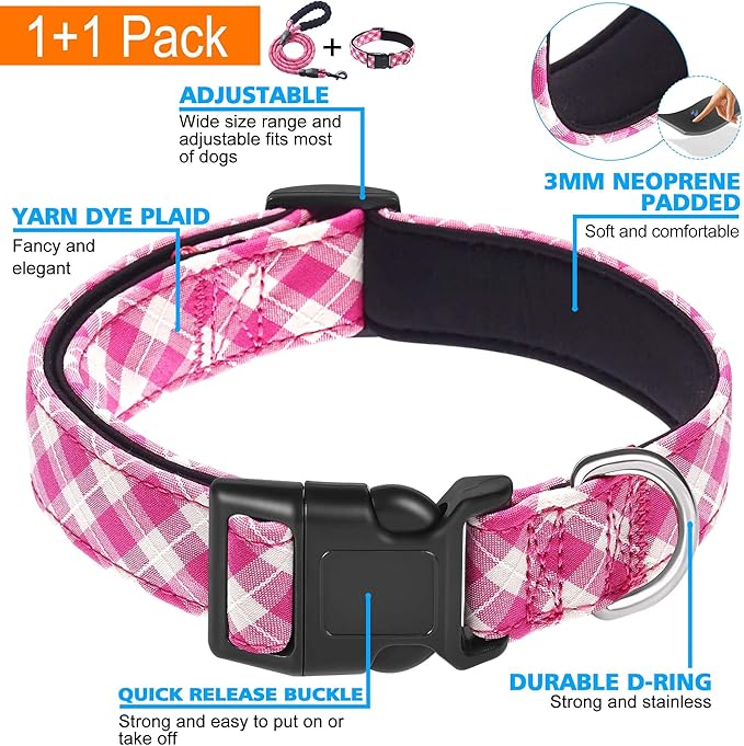 Reflective Dog Collar Padded with Soft Neoprene Breathable Adjustable Nylon Dog Collars for Small Medium Large Dogs (Small (Pack of 1), Pink Plaid Collar+Leash)