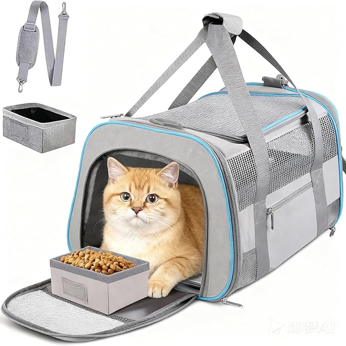Soft-Sided Cat Carrier for Pets Up to 15lbs, Airline Approved Under-Seat Travel Carrier, 17x12x11 Inch, TSA Approved with Collapsible Bowl, Breathable Mesh & Removable Pad, Lightgrey
