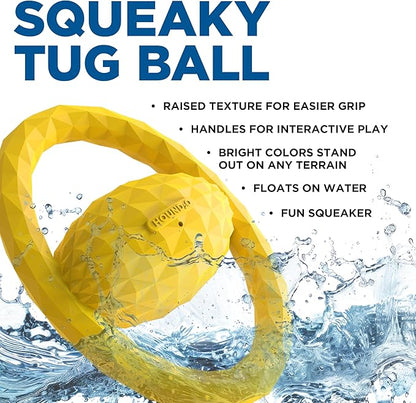 Playology Hound2O Dog Toys | Squeaky Tug Ball Toy for Tug of War | Yellow Floating Outdoor Toy - Easy to Clean and Made from Non Toxic Materials