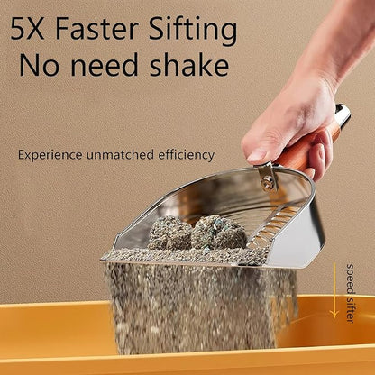 DHXYZZB Cat Litter Scoop 304 Stainless Steel Litter Shovel, Heavy Duty Litter Sifter, Litter Scooper with Wooden Handle Dual Sifting Design Perfect for Cat Litter Box Cleaning