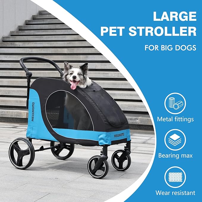 Pet Stroller for Large Dogs up to 80lbs, All-Terrain with Adjustable Handle & Mesh Dual-Windo, Large Dog Stroller for Multiple Pets, Blue