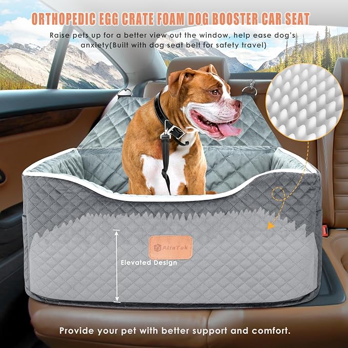 AlfaTok Memory Foam Booster Dog Car Seat for Medium Dogs Under 45 LBS, Elevated Pet Car Seat with Detachable Washable Cover, Anti-Slip Sturdy Dog Booster Seat with Seat Belt for Back Seat Travel