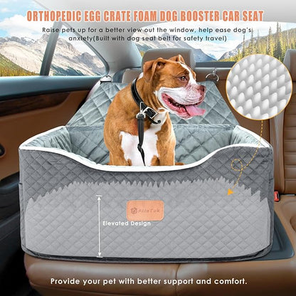 AlfaTok Memory Foam Booster Dog Car Seat for Medium Dogs Under 45 LBS, Elevated Pet Car Seat with Detachable Washable Cover, Anti-Slip Sturdy Dog Booster Seat with Seat Belt for Back Seat Travel
