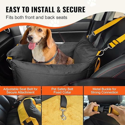 VEVOR Dog Car Seat, Waterproof Dog Booster Seat for Car with Side Handles and a Storage Pocket, Clip-On Safety Leash and PP Cotton Filling, Vehicle Bed for Small Dogs up to 25lbs, Black
