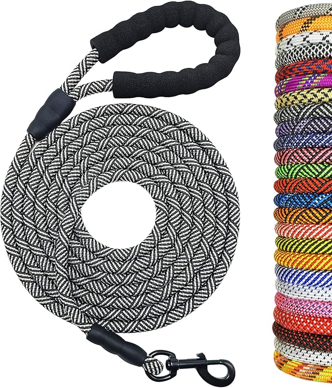 MayPaw Heavy Duty Rope Dog Leash, 3/4/5/6/7/8/10/12/15/20/30 FT Long Dog Lead Nylon Pet Leash, Soft Padded Handle Thick Lead Training Leashes for Large Medium Dogs (20ft * 1/2", Black)