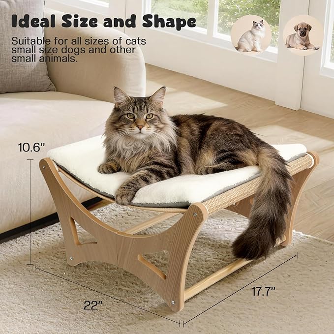 Cat Hammock Bed, Wooden Elevated Cat Beds with Natural Sisal Scratching Mat, Cats Scratcher Bed with Removable Soft Cushion, Cats Scratching Beds with Wood Frames, 22" L x 17.7" W
