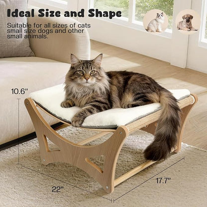 Cat Hammock Bed, Wooden Elevated Cat Beds with Natural Sisal Scratching Mat, Cats Scratcher Bed with Removable Soft Cushion, Cats Scratching Beds with Wood Frames, 22" L x 17.7" W