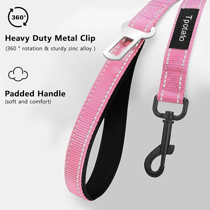 6 Foot Pink Dog Leashes for Large Medium and Small Breed Dogs That Pull,Reflective Nylon Heavy Duty Dog Leash with 2 Comfortable Padded Traffic Handles and Car Seat Belt for Walking and Training