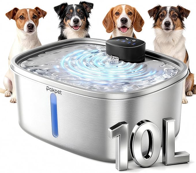 Water Fountain for Dogs Home Outdoor Multi-Pet Stainless Steel 10L/2.64gal Wireless Large Dogs Motion Sensor Dispenser Filtered Cordless Bowl Waterer -Wireless Stainless Steel&8Filters
