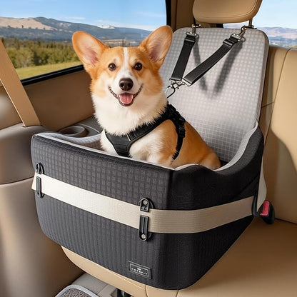 PETSFIT Dog Car Seat for Small/Medium Dogs Up to 35 lbs – Patented Safety System, 6" Memory Foam Pet Booster Car Seat, Fully Detachable and Washable Dog Carseat with 2 Storage Pockets (Black & Grey)