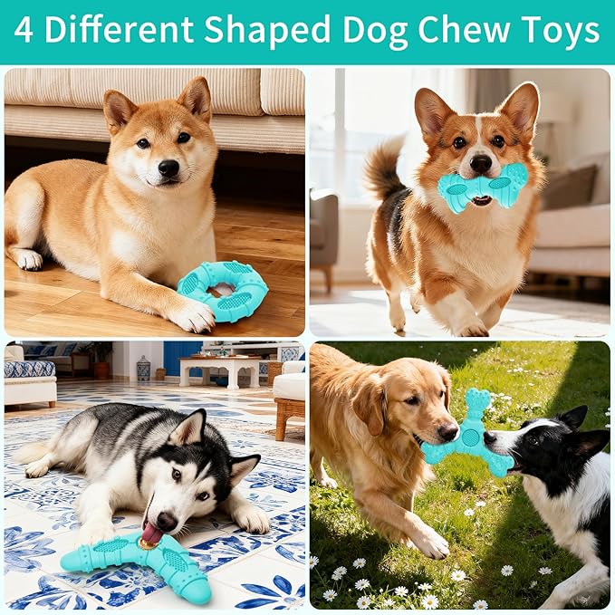 Natural Rubber Dog Chew Toys 4Pack,Tough Dog Toys for Aggressive Chewers Small Medium Breed,Interactive Dog Toys for Puppy to Clean Teeth Gum Massage,Tug & Fetch(Blue)