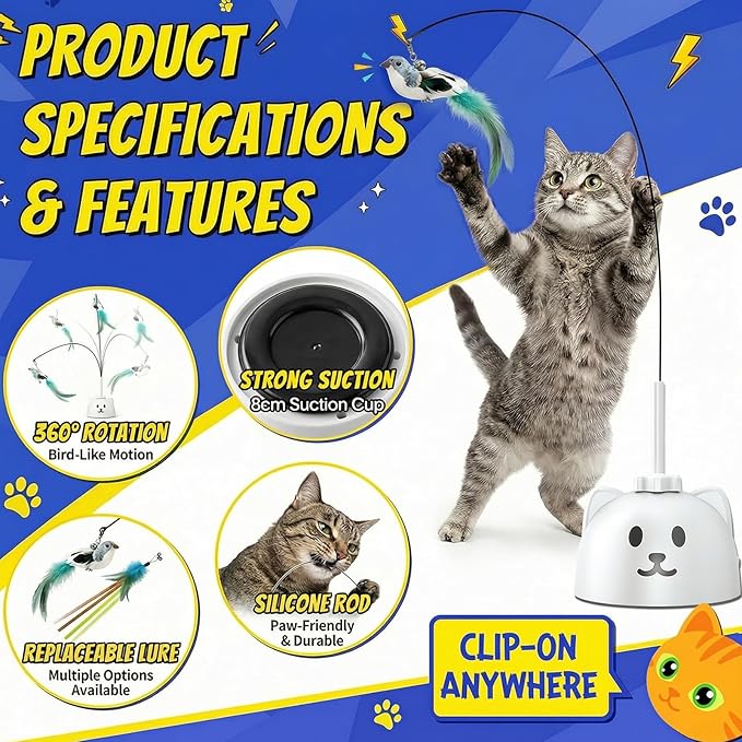Interactive Cat Toys for Indoor Cats - Automatic Flying Bird Feather Toy, USB Rechargeable Electric Cat Teaser with Strong Sticky Base, Smart Motion Self-Play Toy for Bored Cats(Green)