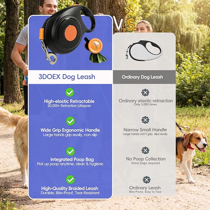 Retractable Dog Leash 26FT for Medium & Large Dogs, Sturdy Heavy-Duty Nylon Tape with Secure Locking Carabiner & Poop Bag Holder, Smooth One-Hand Control, Anti-Slip Handle, Tangle-Free Design (Black)