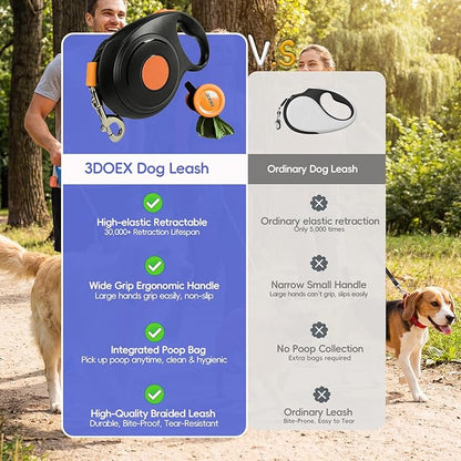 Retractable Dog Leash 26FT for Medium & Large Dogs, Sturdy Heavy-Duty Nylon Tape with Secure Locking Carabiner & Poop Bag Holder, Smooth One-Hand Control, Anti-Slip Handle, Tangle-Free Design (Black)
