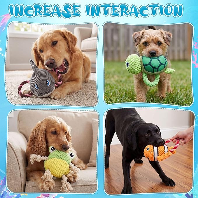 5 Pack Ocean Dog Toys Rope Plush Interactive Squeaky Rope Tug of War Dog Toys for Small Medium Large Dogs