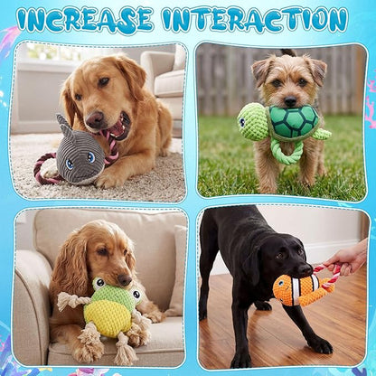 5 Pack Ocean Dog Toys Rope Plush Interactive Squeaky Rope Tug of War Dog Toys for Small Medium Large Dogs