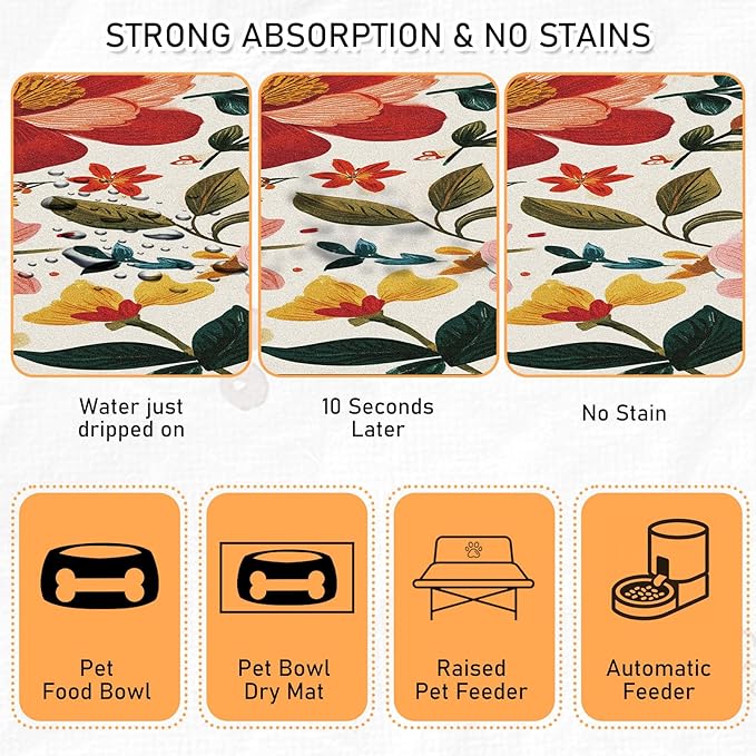 Pet Dog Cat Food Mat - Hamdwerk Absorbent Dog Bowl Mats for Food and Water, Anti Slip Cat Bowl Feeding Placemat for Floors, Quick Dry Diatomite Pet Dish Matts Supplies, Floral Style, 17 * 30in