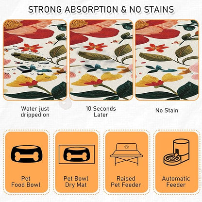 Pet Dog Cat Food Mat - Hamdwerk Absorbent Dog Bowl Mats for Food and Water, Anti Slip Cat Bowl Feeding Placemat for Floors, Quick Dry Diatomite Pet Dish Matts Supplies, Floral Style, 17 * 30in