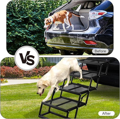 DGSL Dog Ramp for Car, Extra Wide 4 Steps Dog Stairs for Truck, Folding Steps for Dogs with Non-Slip Surface, Pet Loader Dog Steps for Large Dog, SUV, Side Door and Bed (Mesh, 16.9In-4 Steps)