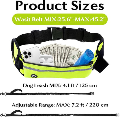 Hands Free Dog Leash - Waist Running Leashes with Zipper Pouch, Adjustable Reflective Waist Belt, Dualc Handle Retractable Bungee for Small Medium Large Dogs Walking Jogging (Green 4.1-7.2ft)