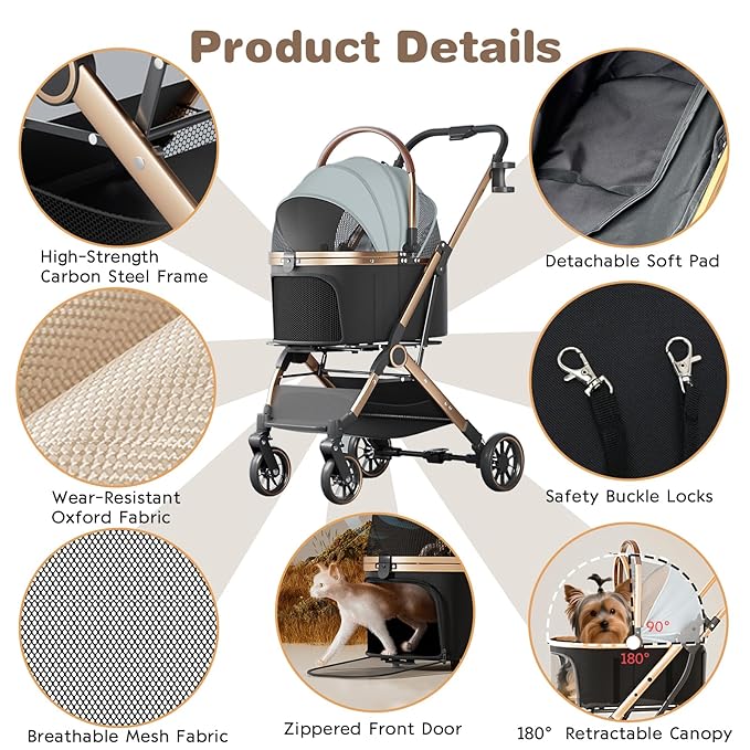 4 Wheels Pet Stroller for Small Medium Dogs Cats Up to 45 lbs Folding Dog Stroller with Detachable Breathable Carrier Suitable for Car Seat, Hand Carry & Travel, All Terrain, 3 in 1 Multifunctional