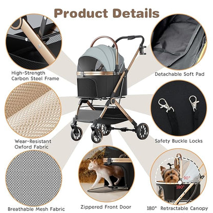 4 Wheels Pet Stroller for Small Medium Dogs Cats Up to 45 lbs Folding Dog Stroller with Detachable Breathable Carrier Suitable for Car Seat, Hand Carry & Travel, All Terrain, 3 in 1 Multifunctional