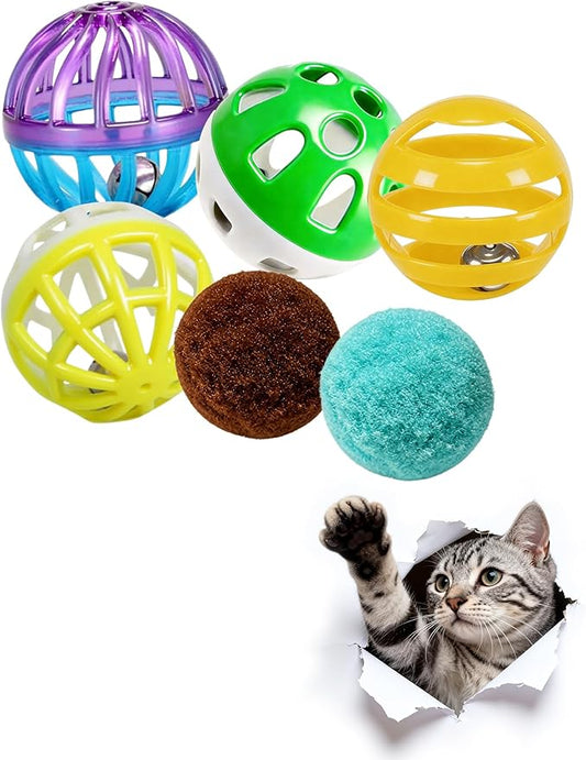 6Pcs Cat Toys Indoor for Bored Cats Kittens - 4 Bell Balls 2 Glitter Plush Balls Interactive Self Play Pet Toys (1.5'')