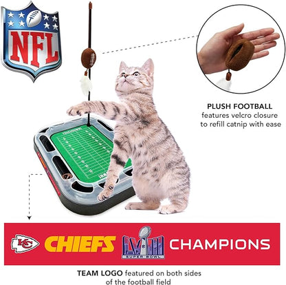 Pets First NFL Superbowl Champion Football Field CAT Scratcher Toy with Catnip Filled Plush Football Toy & Feather Hanging, with Jingle Bell, Winning Team Logo, Cat Chasing 5-in-1 Kitty Toy,